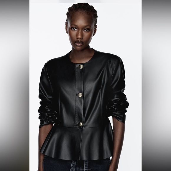 NEW ZARA Faux Vegan Leather Peplum Blazer Long Sleeve Jacket - Picture 2 of 9